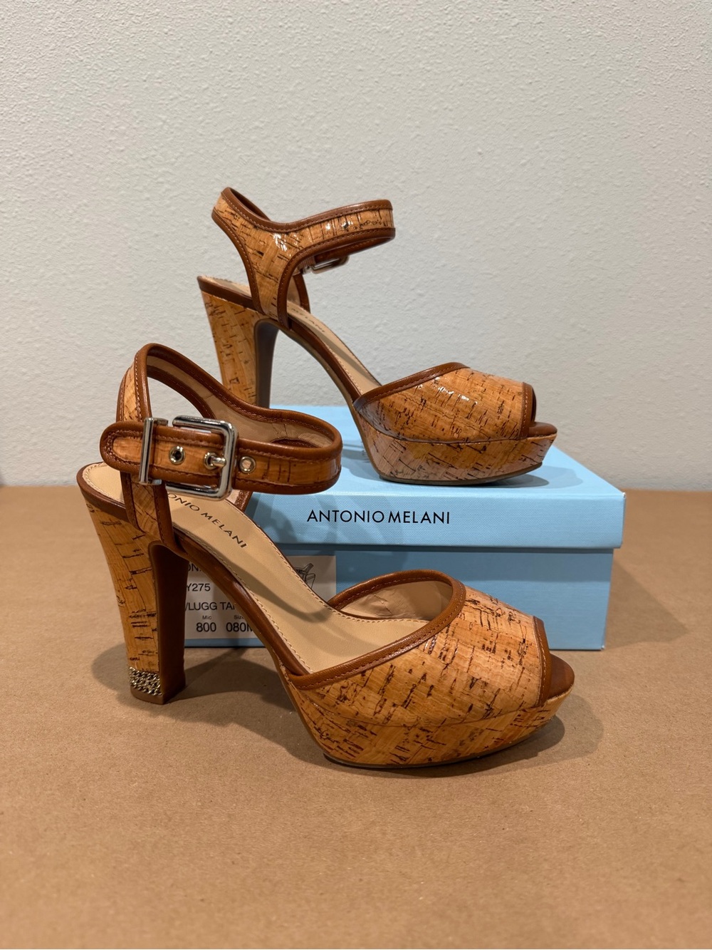 ANTONIO MELANI Cork-Textured Tan Platform Sandal with Ankle Strap